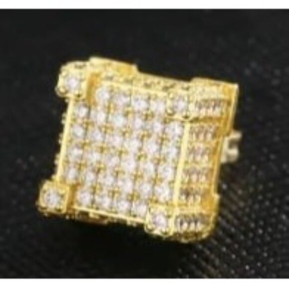 18k Gold Plated Simulated Diamond Zircon Stud Men's Earrings - Picture 2 of 4